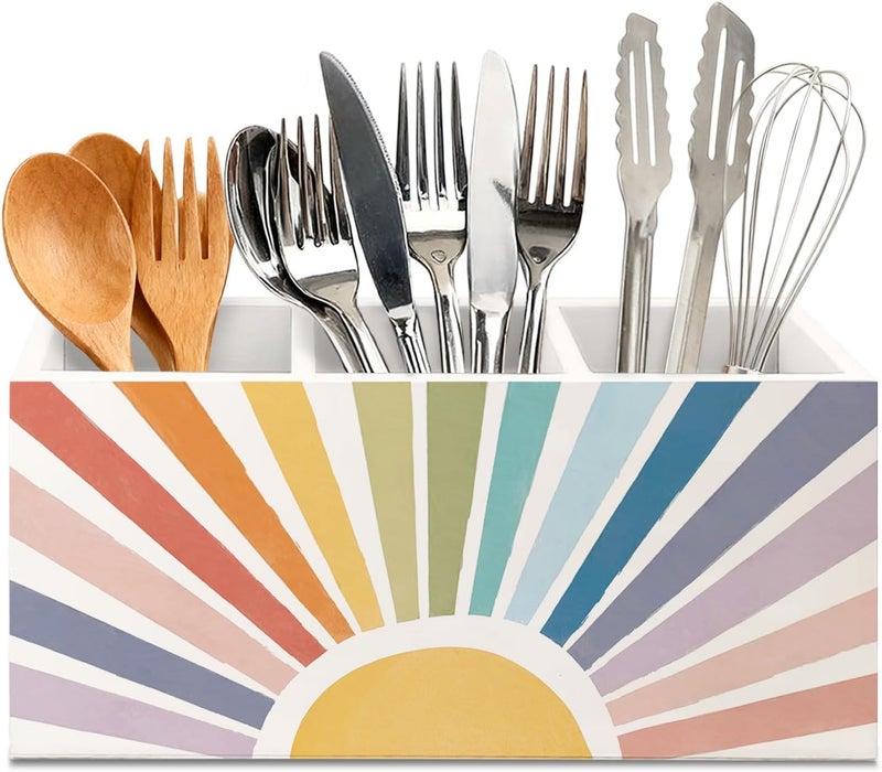 KBRCT Boho Colorful Sun Sunshine Wooden Utensils Holder, Mid Century Modern Horizontal Sunset Sunrise Wood Cooking Utensil Holder Organizer for Kitchen Countertop Counter Decor Accessories - Image 1